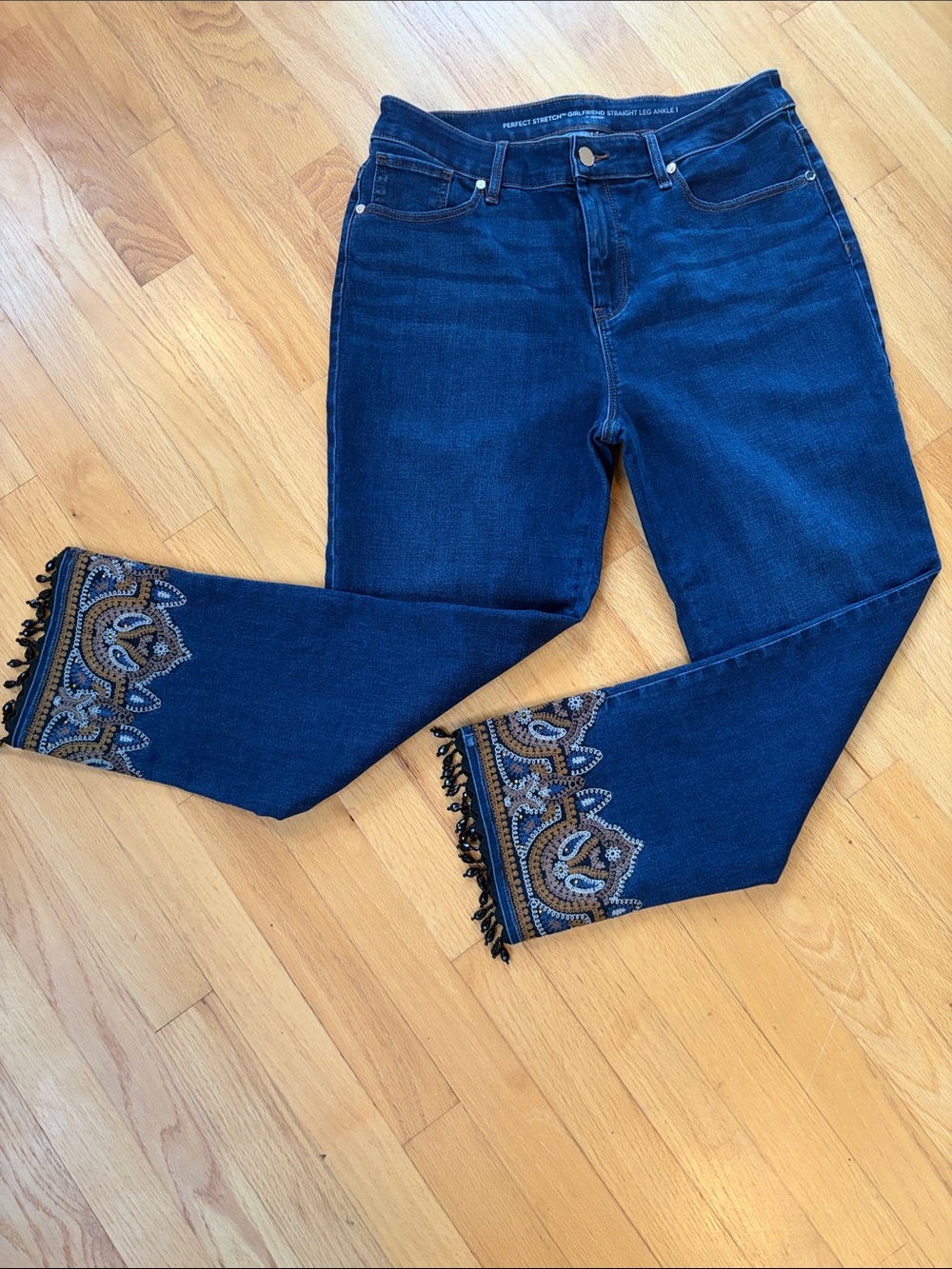 Chico's Dark Blue Straight-Leg Jeans with Embroidered and black tassel hem